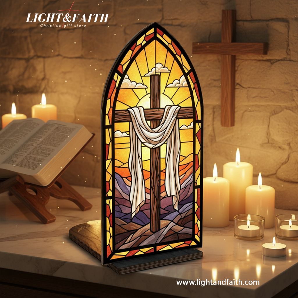 Christian Cross Resurrection Book Nook Decor, Stained Glass Window Style LED Light, Empty Cross Religious Home Decor, Easter Faith Gift for Believers BNLAF17